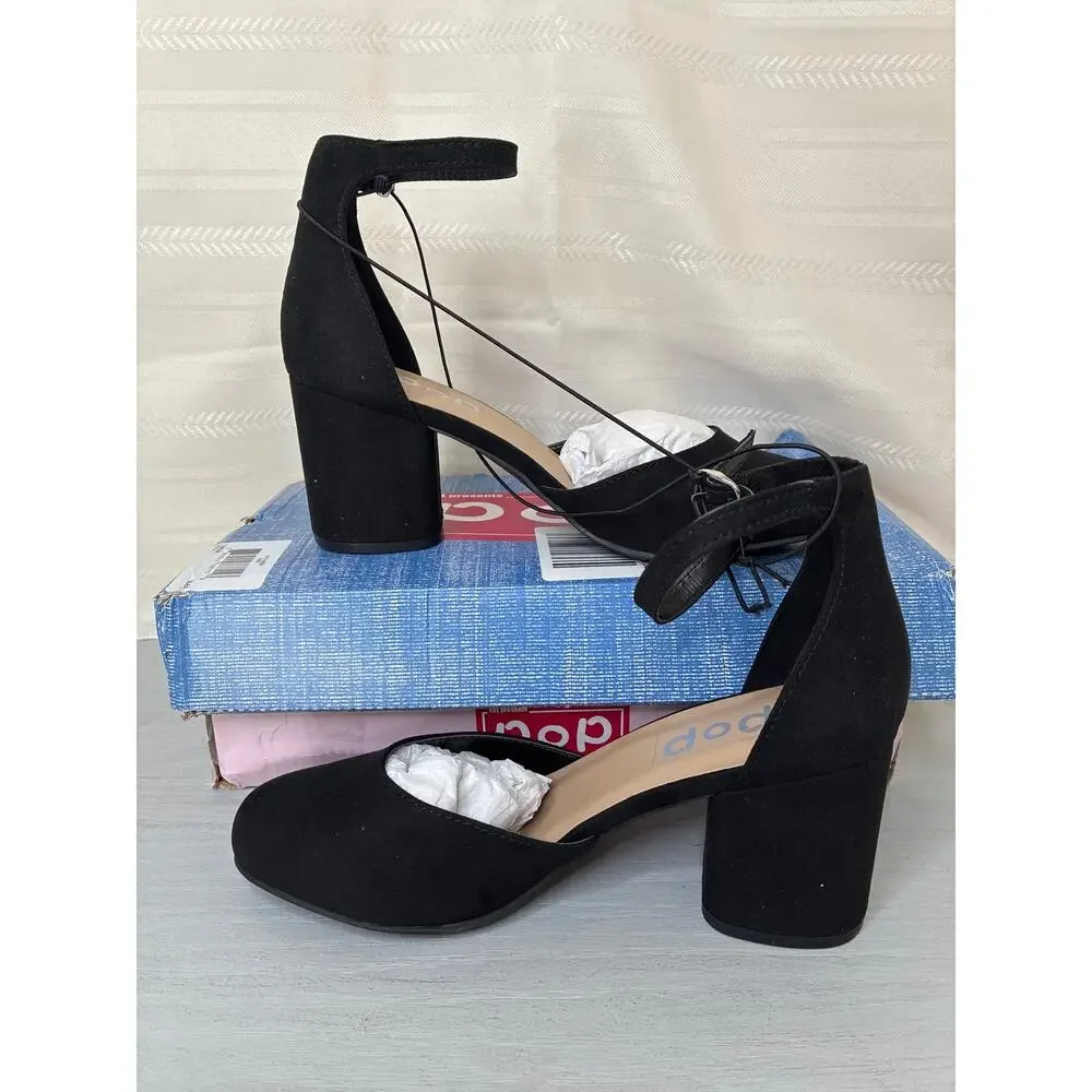 POP Gal Block Heel Pumps Black Womens Size 7.5M Ankle Strap